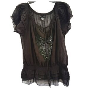 Simply Irresistible Tie Neck Peplum Blouse Butterfly Bead/Embroidery Black Large